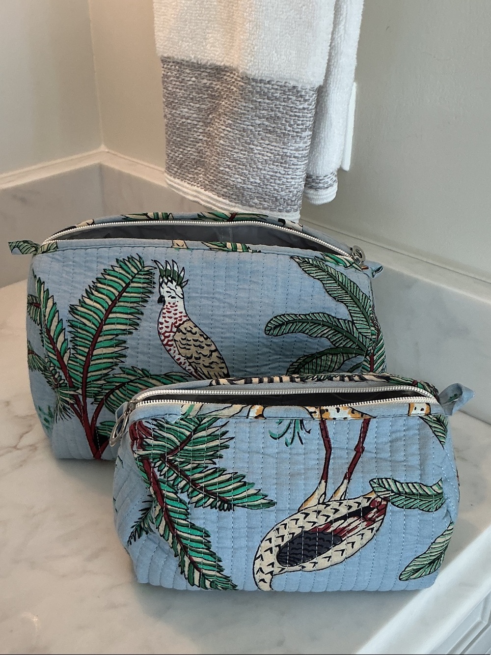 Quilted Blue Palm & Cockatoo Cosmetic Pouch Set
